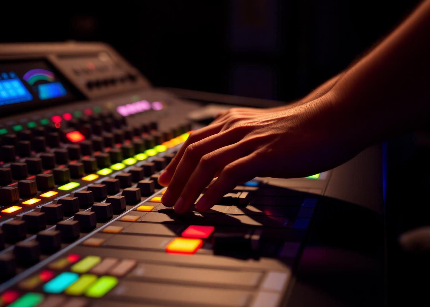 Hands on a professional studio mixing console.